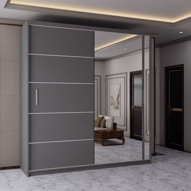 Sliding Wardrobes 4U Contemporary 2-Door Grey Sliding Wardrobe with Mirror Door, W: 203 cm, H: 217 cm