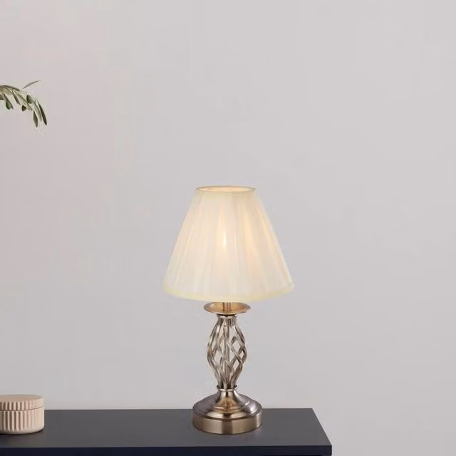 Lighting Collection Satin Silver Touch Table Lamp with Beige Fabric Shade, H 42.0 cm x W 23.0 cm x D 23.0 cm – 1