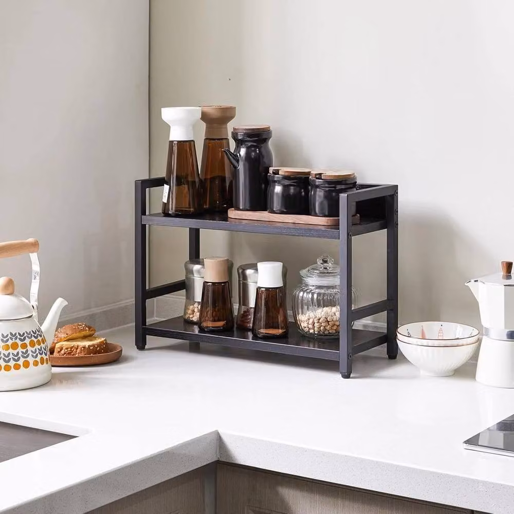 VOGREX Black Industrial 2-Tier Countertop Spice Rack Kitchen Storage Shelf – 4