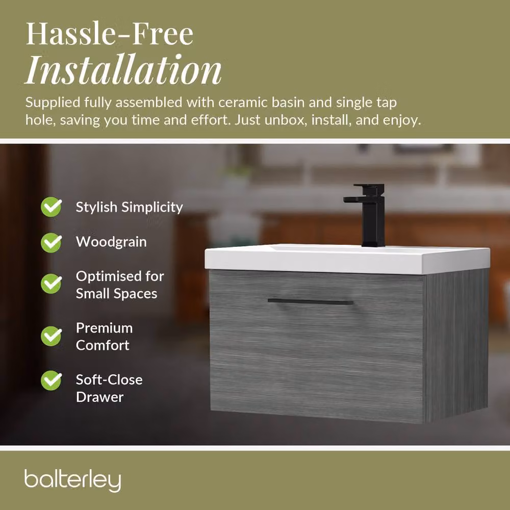 Balterley 600mm Wall Hung 1 Drawer Vanity in Woodgrain Anthracite with Black Handle in Grey – 4