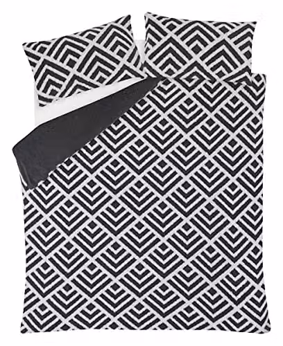 Sleepdown Geo Jacquard Fleece Thermal Duvet Cover and Pillowcase Set in Charcoal Grey and White, W: 220 cm, D: 260 cm – 2