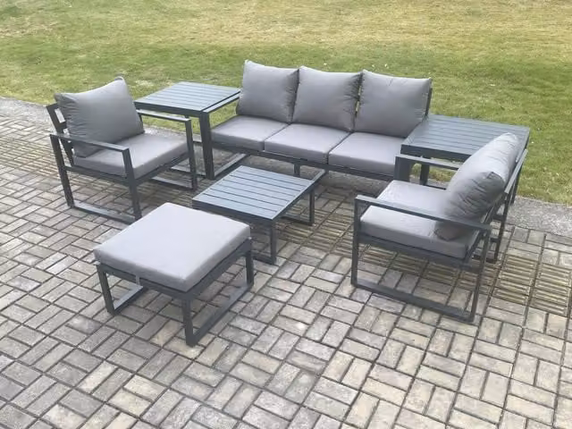 Fimous 6 Seater Outdoor Lounge Sofa Set in Dark Grey with Powder Coated Aluminium Frame, Coffee Table, Ottoman and Side Tables