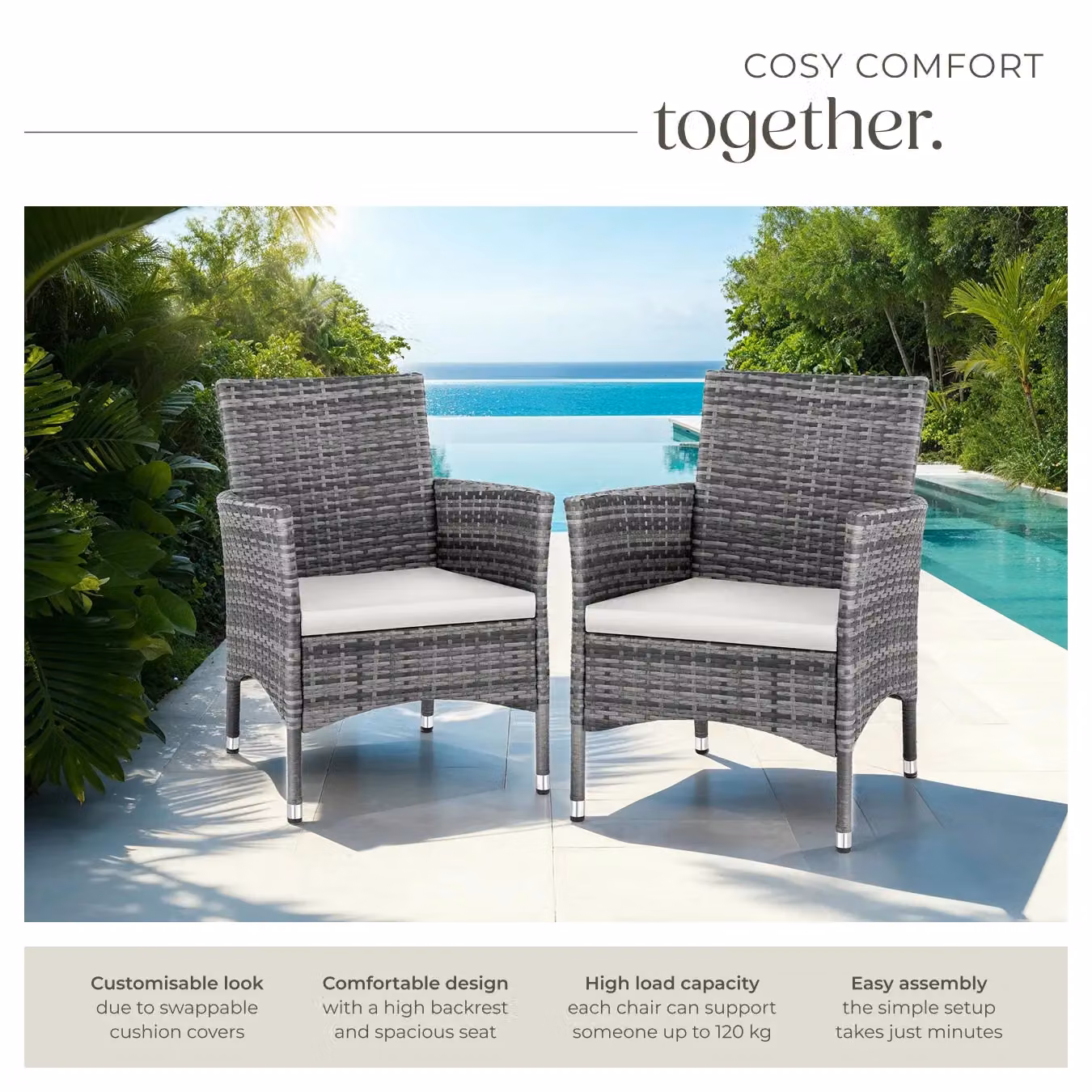 tectake Nantes Set of 2 Modern Polyrattan Garden Chairs with Cushions and Weather Covers in Grey, Beige and Black – 5