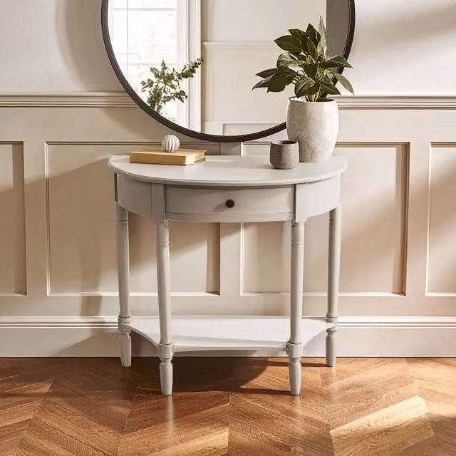 Orsina Rounded Pine Wood Console Table with One Rectangular Drawer in Light Grey, W/D/H: 81 x 33 x 78 cm – 1