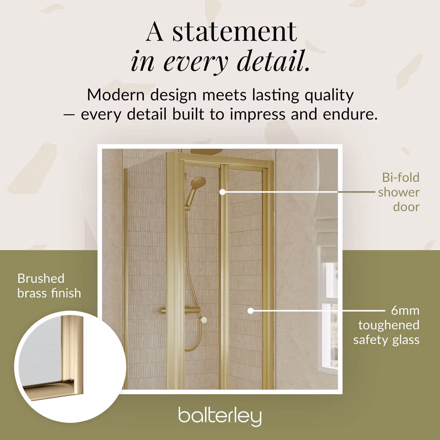 Balterley Ruwa Square Bi-Fold Shower Door and 4mm Glass Side Panel with Tray in Brass Metallics, W/D/H: 70 x 70 cm – 2