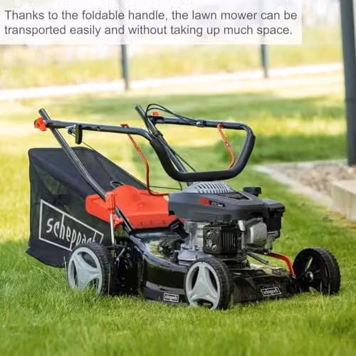 Scheppach MP132-42 Compact Petrol Lawnmower with 42 cm Cutting Width, Mulching Kit and 45 l Grass Bag, Black and Red – 3