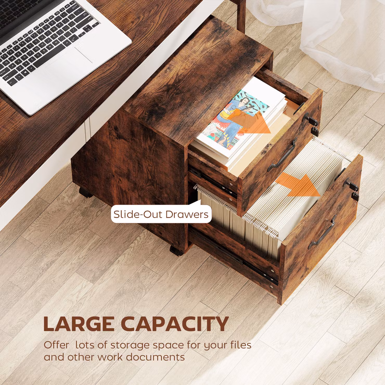 HOMCOM Rolling File Cabinet with 2 Drawers and Lock, Mobile Filing Cabinet for Letter Sized Documents, Rustic Brown – 4