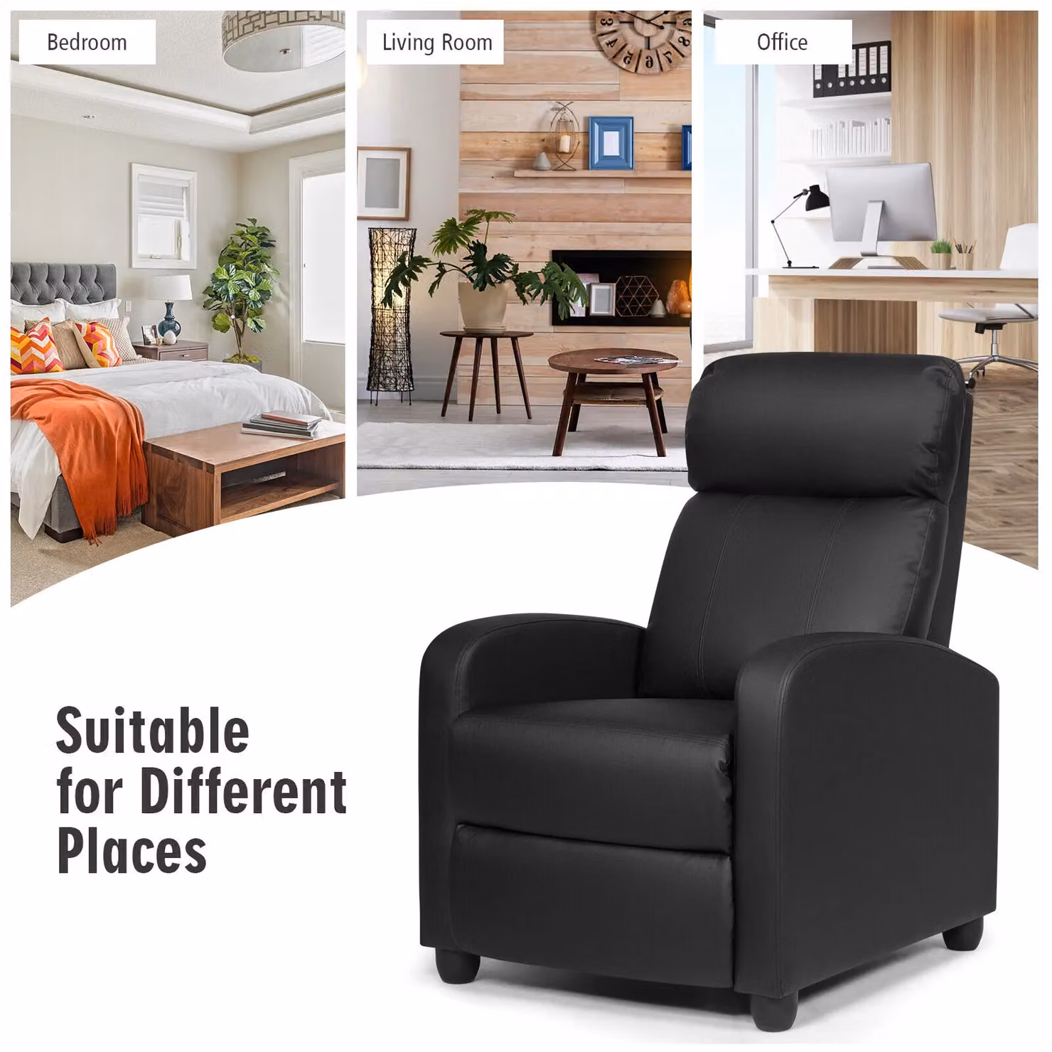 Gymax Black Synthetic Leather Upholstered Recliner Armchair with Adjustable Backrest and Metal Frame – 7