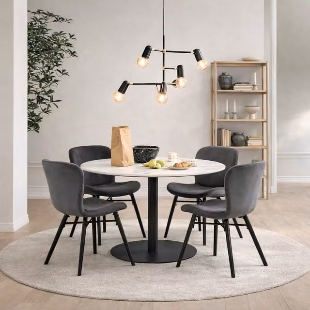 Furniture To Go Corby Round White Marble Dining Table with Black Base and 4 Batilda Dark Grey Chairs