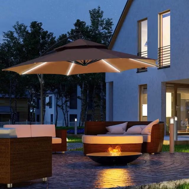 Chilli Seating 3 m Cantilever Banana Parasol with LED Solar Light in Brown