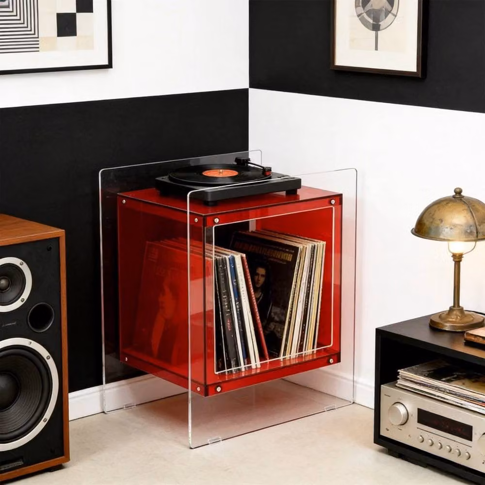 VOGREX Red Transparent Acrylic End Table and Bedside Nightstand with Media Compartments – 3