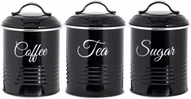 Innoteck 3 Piece Airtight Metal Tea Coffee Sugar Canister Set, Black, 1.3 l per canister