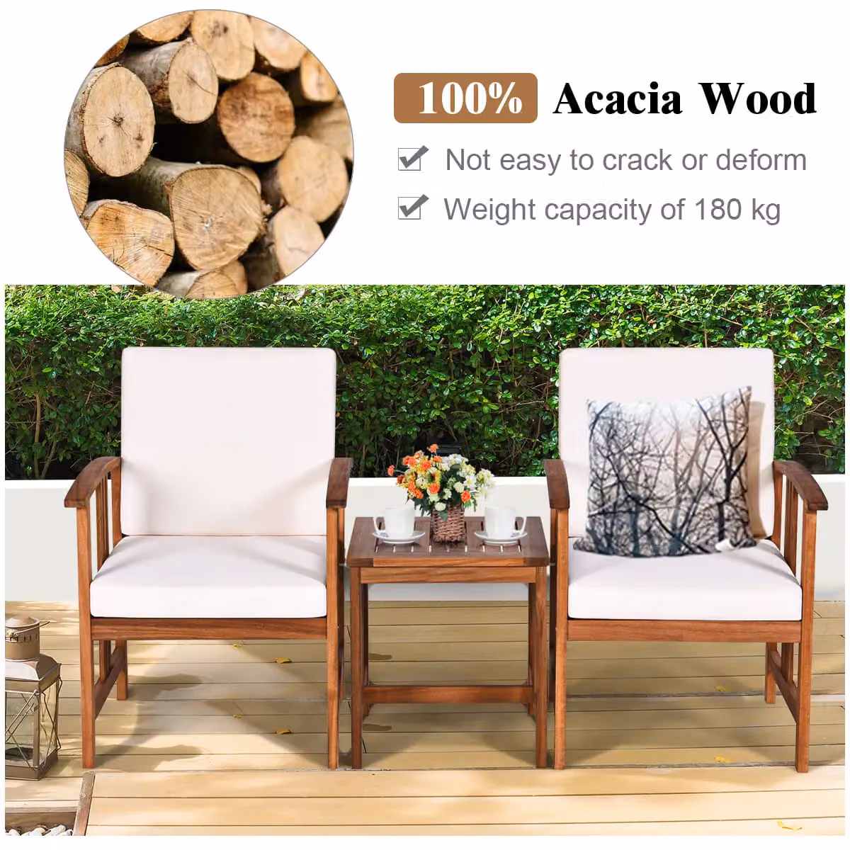Gymax 3-Piece Outdoor Acacia Wood Sofa Set with White Upholstered Cushions – 5