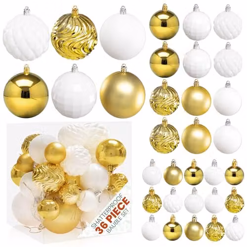Pelle & Sol 36-Piece Abstract Christmas Bauble Set in Gold and White