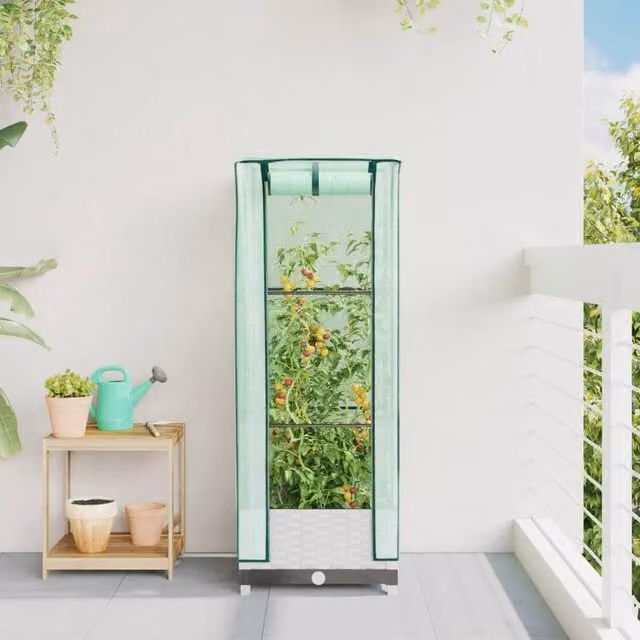 Berkfield Home Raised Bed with Greenhouse Cover in White Rattan Look, W/D/H: 40 x 40 x 123 cm