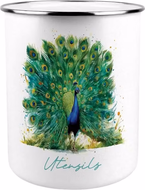 Purely Home Majestic Peacock Kitchen Utensil Holder in Green and White