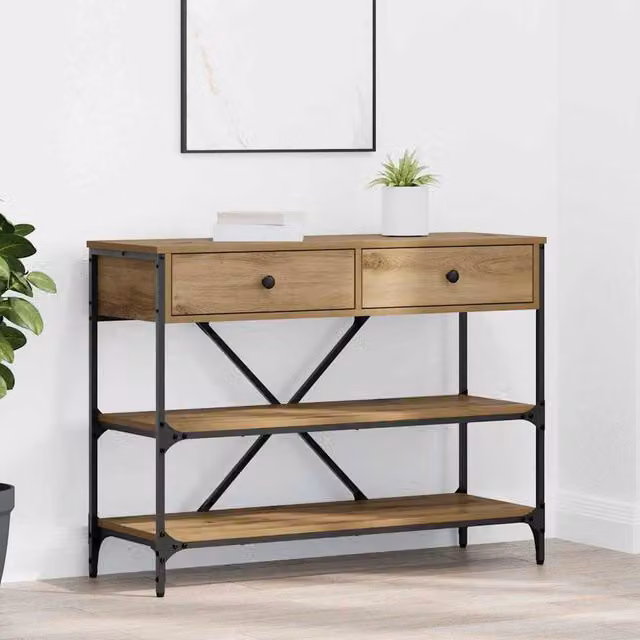 Berkfield Home Artisan Oak Console Table in Brown with X-Frame Design, W: 100 cm, D: 34.5 cm, H: 75 cm – 1