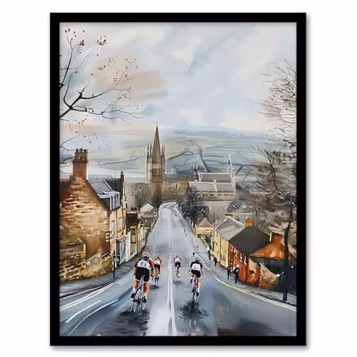 Artery8 Cyclists in Misty Yorkshire Town Street Painting Framed Wall Art Print, Multicolour, W: 21.0 cm, H: 29.7 cm – 1