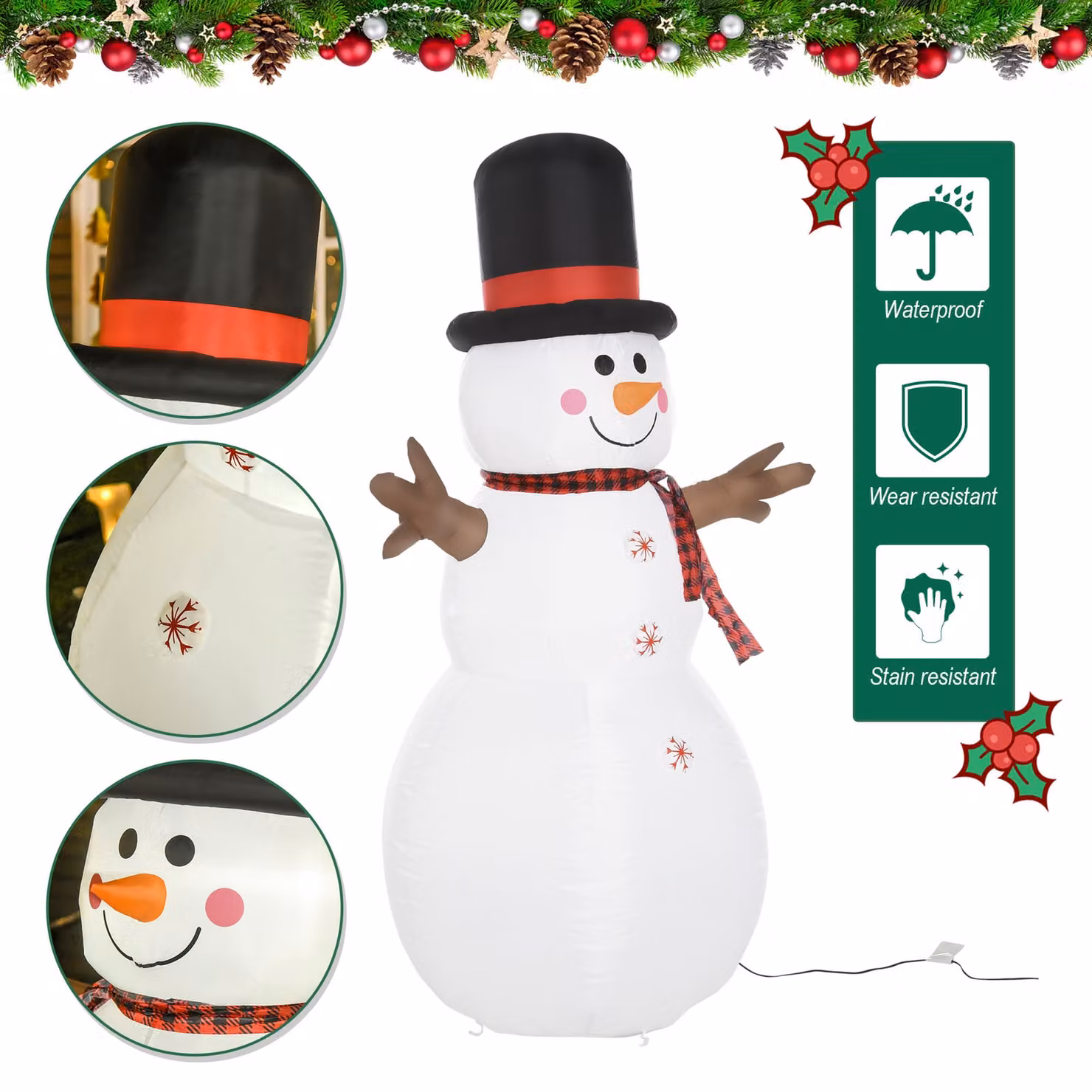 HOMCOM Inflatable White Snowman Christmas Decoration with LED Lights, Height: 182 cm – 3