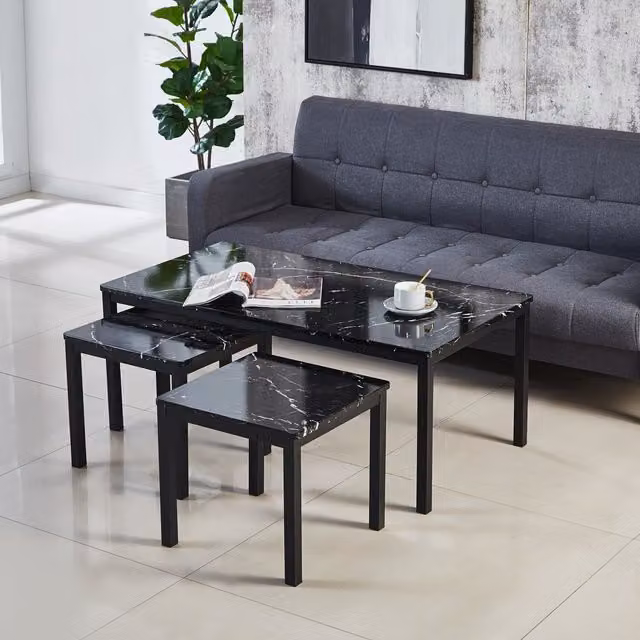 Modernique Emilia Black Marble Effect Coffee Table with Nested Tops in Black