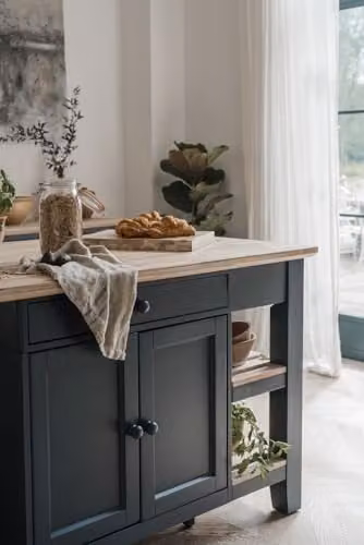 Statement Furniture Florence Kitchen Island with Cupboard, 2 Drawers and Shelves in Navy Blue, W: 150 cm, H: 91 cm, D: 90 cm – 4