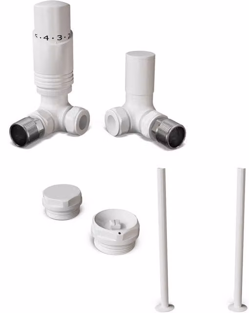 Talus Bold Angle Thermostatic Radiator Valve Installation Kit with Thermostat Head in White and Silver Nickel Plated Brass