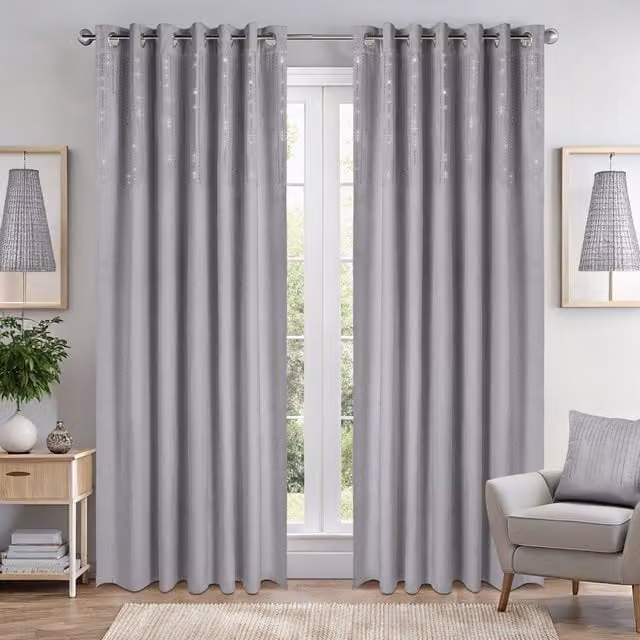Terrys Diamondo Silver Velvet Blackout Eyelet Curtains with Thermal Insulation