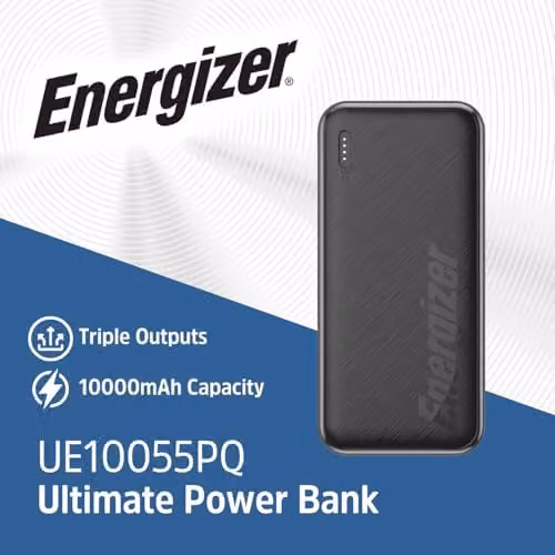 Energizer Black Power Bank 10,000mAh with USB-A and USB-C Triple Fast-Charging Ports – 3