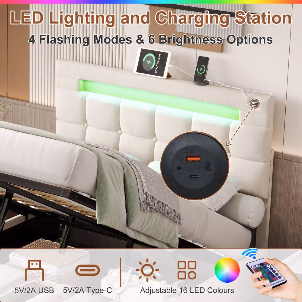 Matteo Double Ottoman Bed Frame in Beige Velvet with LED Lighting, USB Charging and Under-bed Storage, W/D/H: 140 x 200 cm – 3