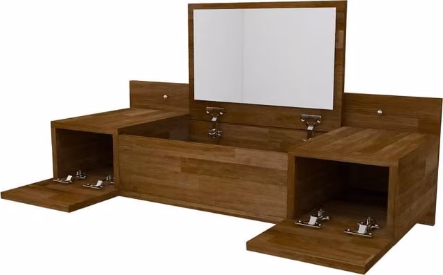 Destina Home Beryl Solid Pine Wood Handmade Vanity Dressing Table with Tri-Fold Mirror in Brown Walnut