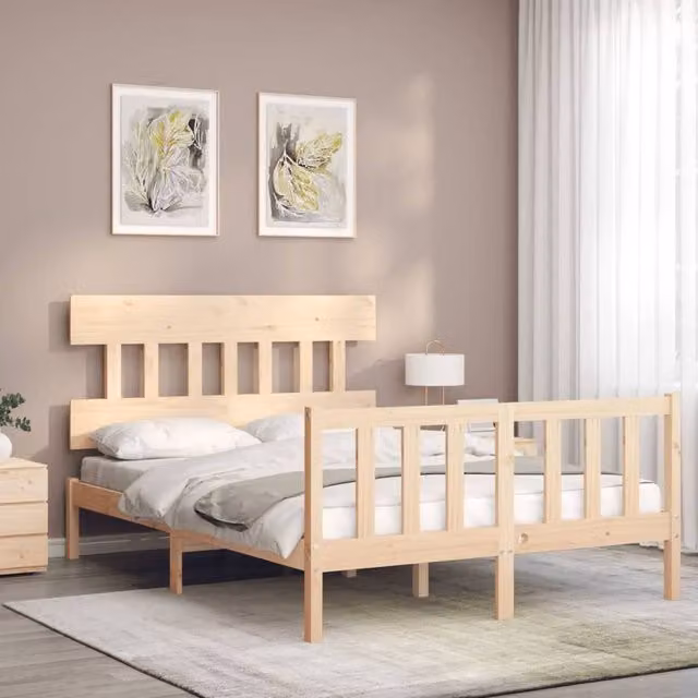 Berkfield Home Beautiful Bed Frame with Headboard in Natural Solid Pine Wood, W/D/H: 120 x 200 x 81 cm – 1
