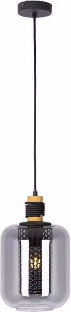 Netlighting Ando Dome Pendant Ceiling Light with Black Smoke Glass Shade and Wood Accents, E27, Height Adjustable – 1