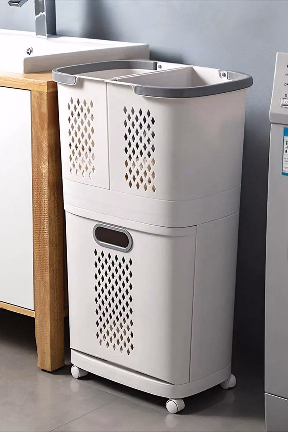 H&O Direct 3 Compartment Detachable Plastic Laundry Baskets with Wheels and Handles, White – 2