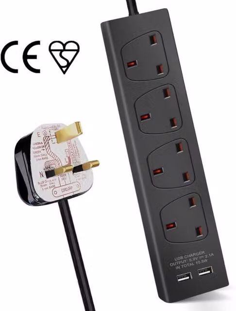 ExtraStar 4 Gang Built-in USB Extension Lead, Black, 5m
