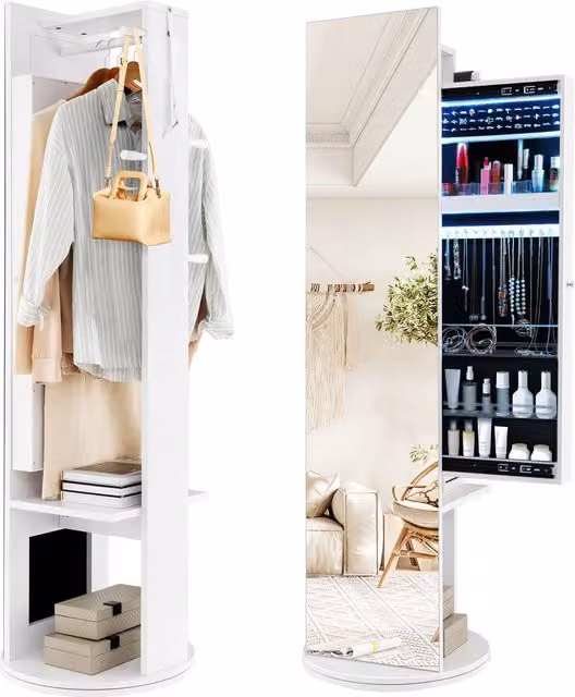 Gymax White Swivel Jewelry Armoire and Cosmetics Cabinet with LED Mirror and Integrated Lighting
