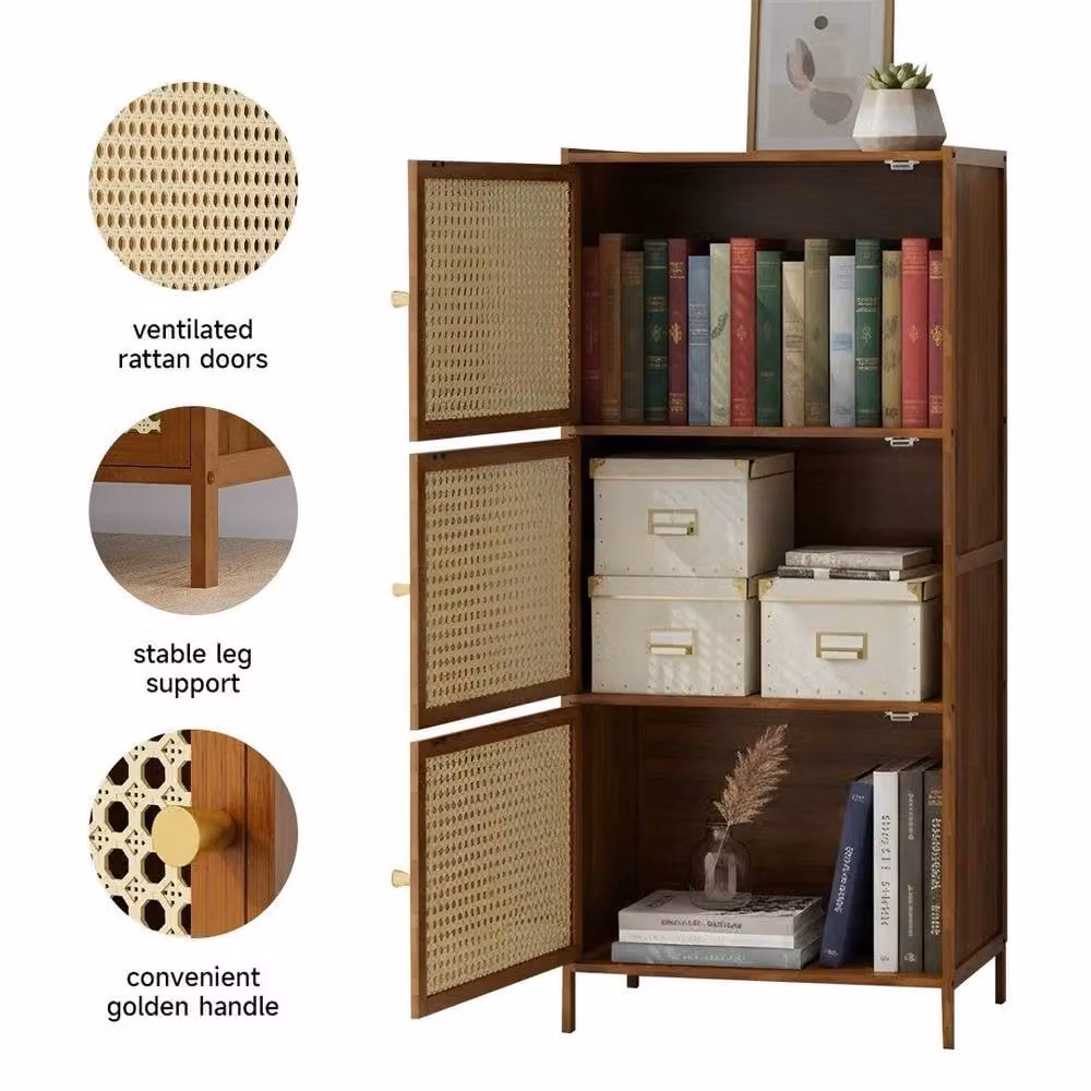 PAWNORA 3-Tier Wooden Storage Cupboard with Hinged Doors in Brown – 3