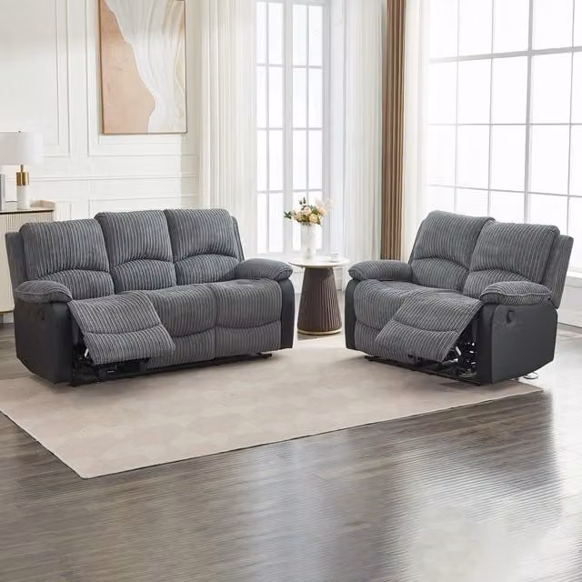Furniture One Grey Corduroy Sectional Recliner Sofa Set