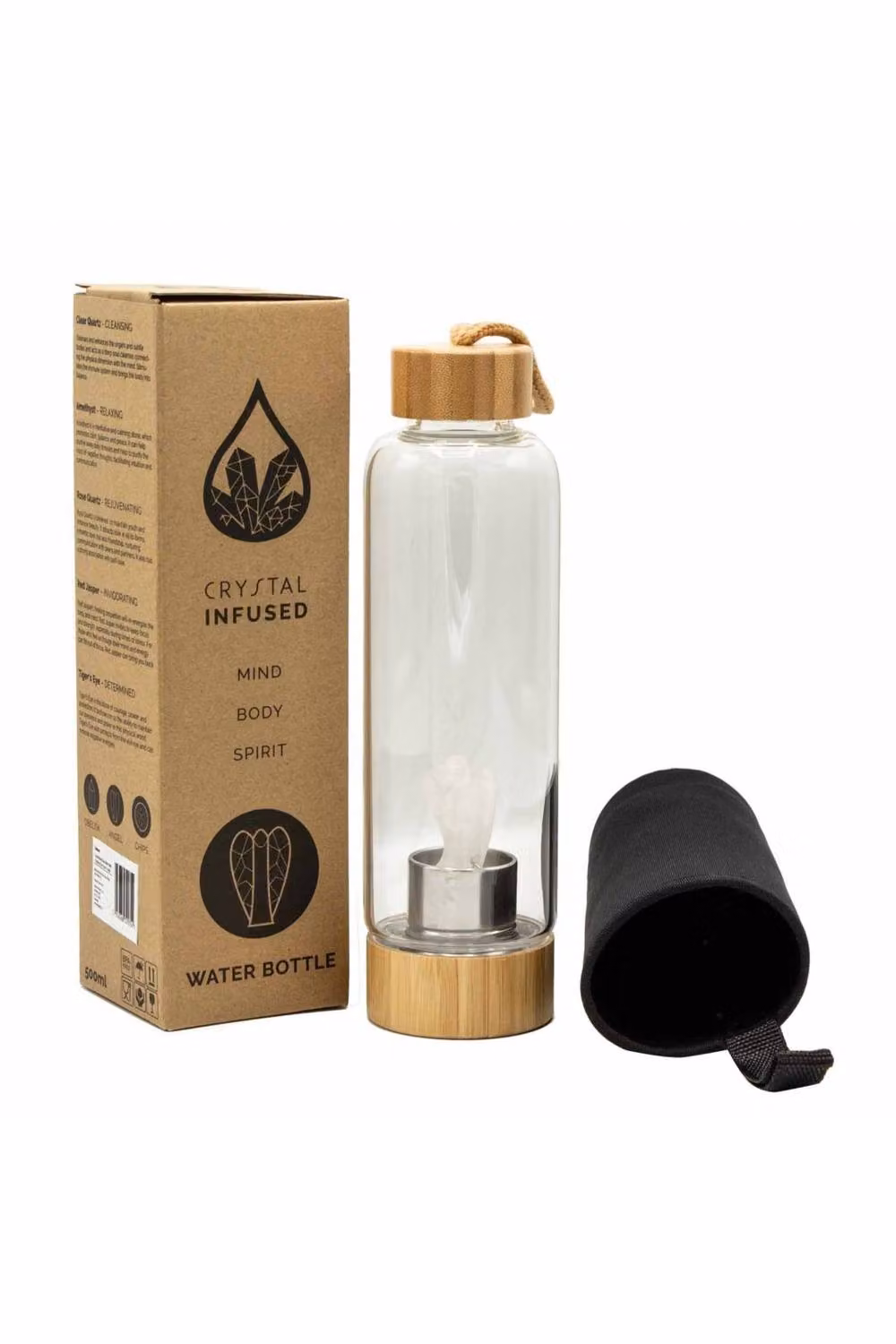 KDMD Transparent Glass Water Bottle with Cleansing Clear Quartz Crystal – 2