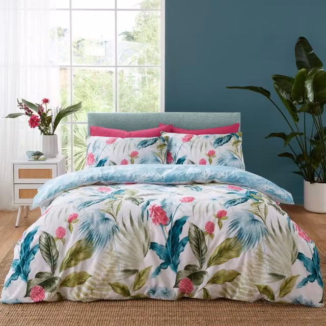 Catherine Lansfield Aruba Tropical Floral Reversible Duvet Cover Bedding Set, Green, Blue and Multicolour