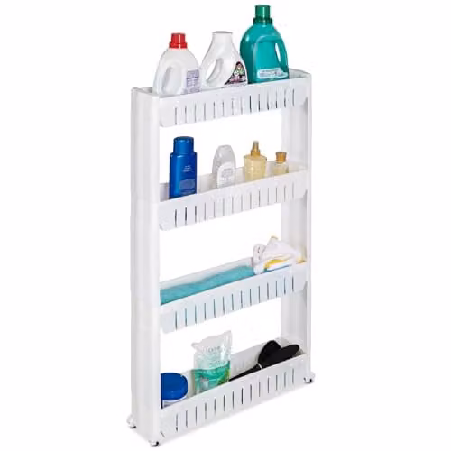 tectake 4-Tier Slim Slide Out Storage Trolley on Wheels in White Plastic with Adjustable Shelves – 1