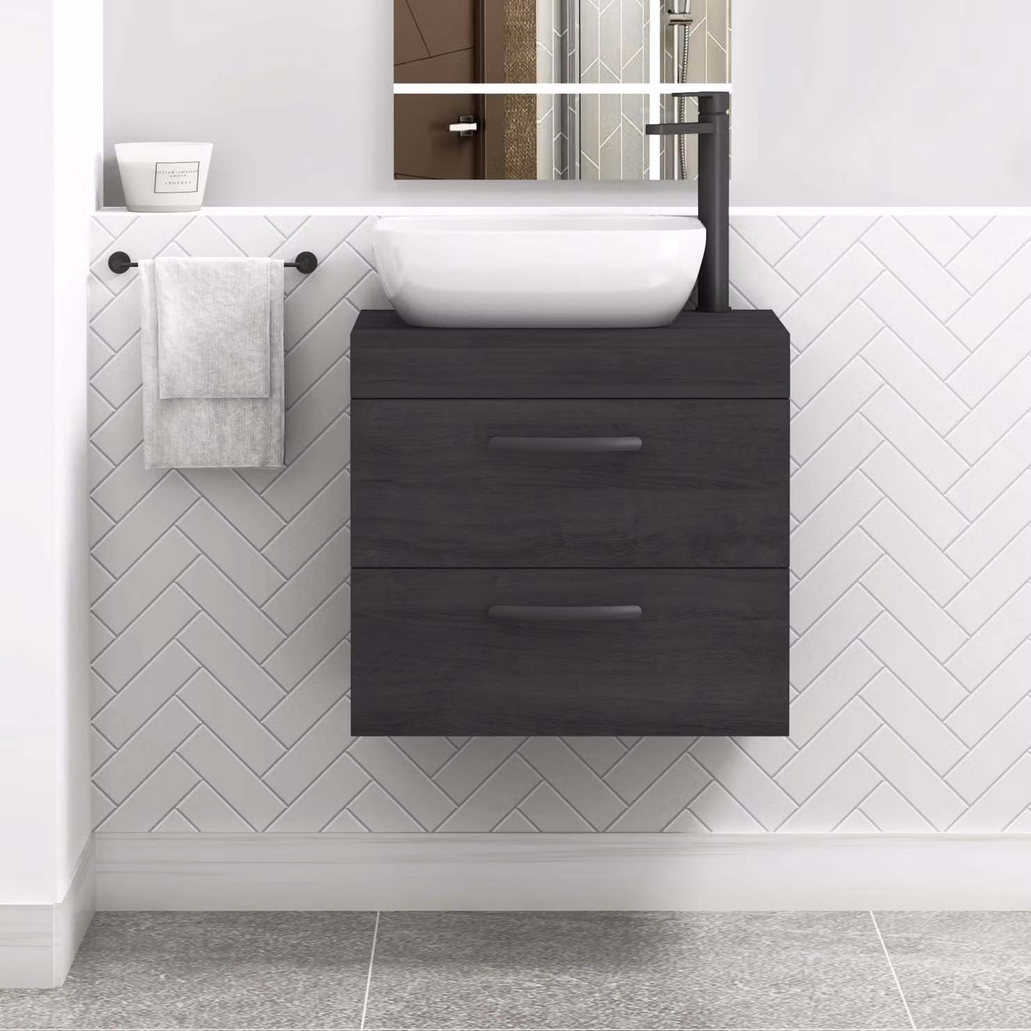 Royal Bathrooms Hale Black Wall Hung 2 Drawer Vanity Unit with Elva Countertop Basin and Matt Black Handles, Width: 60 cm