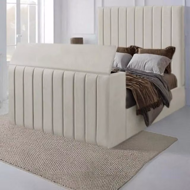 Paradies Modern Upholstered Bespoke TV Bed Frame in Cream Velvet Fabric, Width: 121 cm