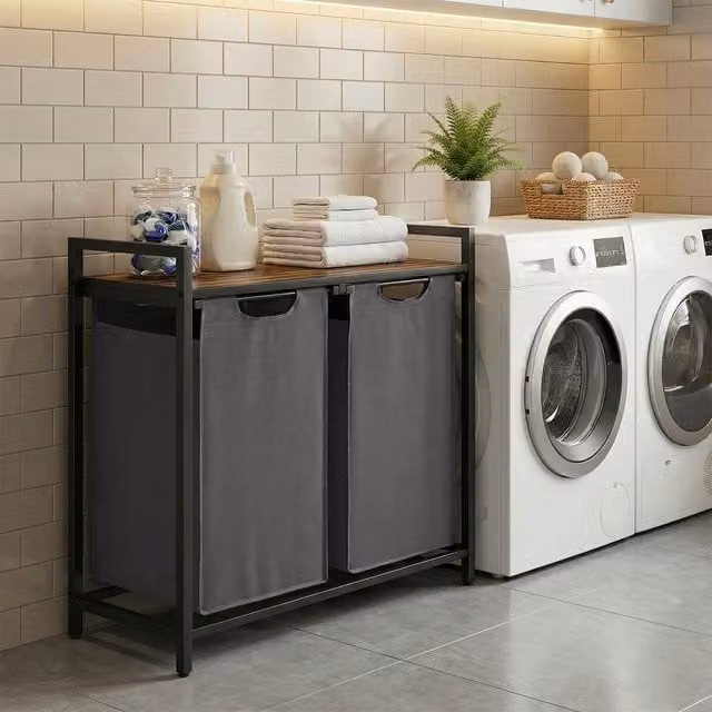 VASAGLE Laundry Basket with 2 Compartments and 2 Removable Liners, Grey