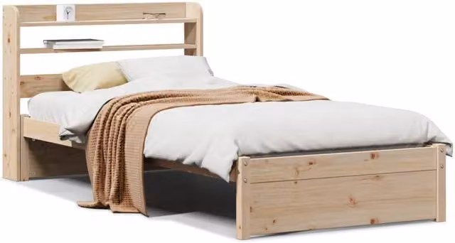 Berkfield Home Small Single Bed Frame with Headboard and Side Compartments in Beige Solid Pine Wood, W/D/H: 75 x 190 cm