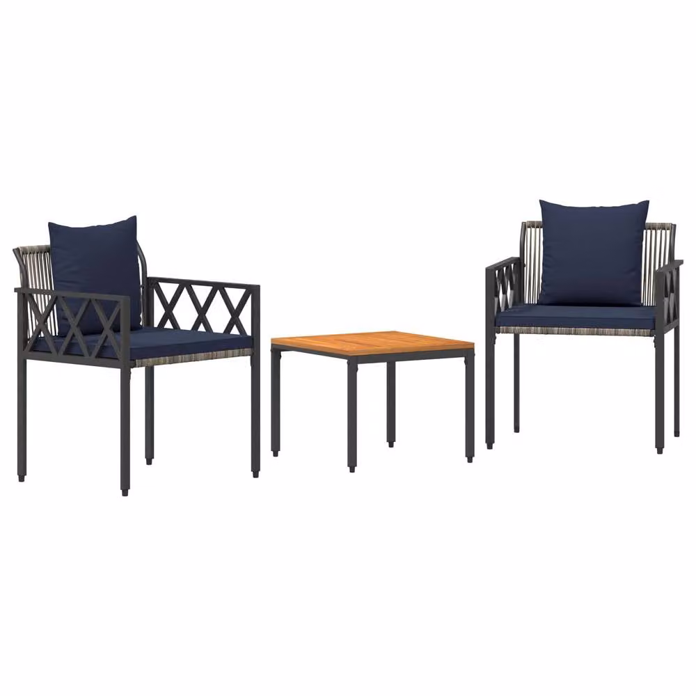 Berkfield Home 3 Piece Outdoor Furniture Set in Grey and Navy Blue with Acacia Wood and Poly Rattan – 2