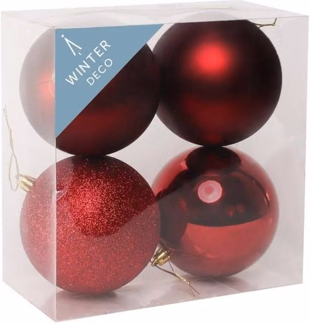 KDMD Set of 4 Burgundy Shatterproof Round Christmas Baubles, Diameter: 10 cm