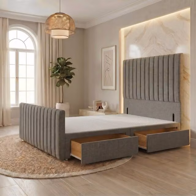 Somnior Eleanor Linen Divan Base with 2 Drawers, 54 inch Headboard and 22 inch Footboard, Silver/Grey, W/D/H: 180 x 200 cm