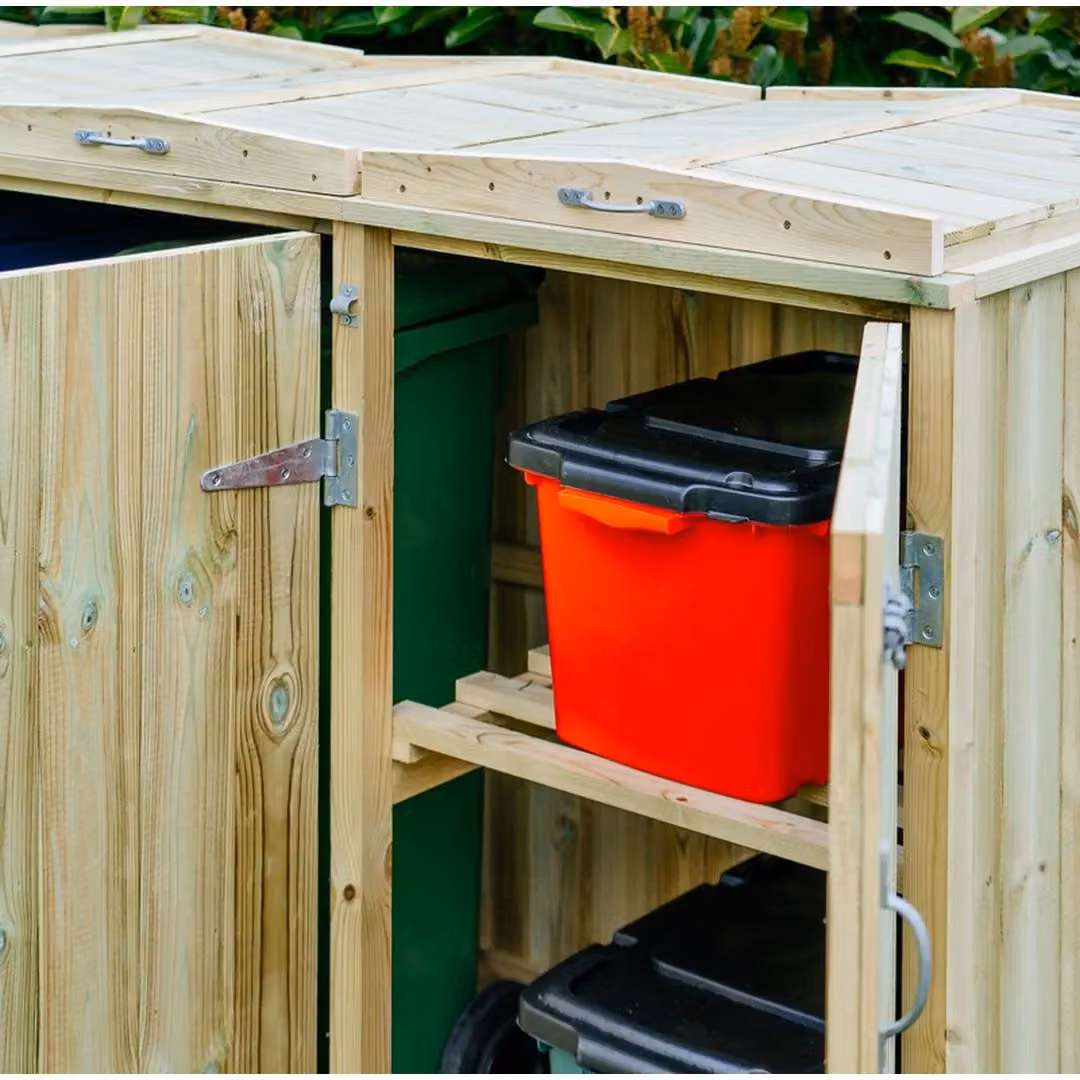 Buttercup Farm Shireburn Brown Wooden Bin Store with Shelving, Fits 4x 180L/240L Wheelie Bins and 2x Boxes – 2