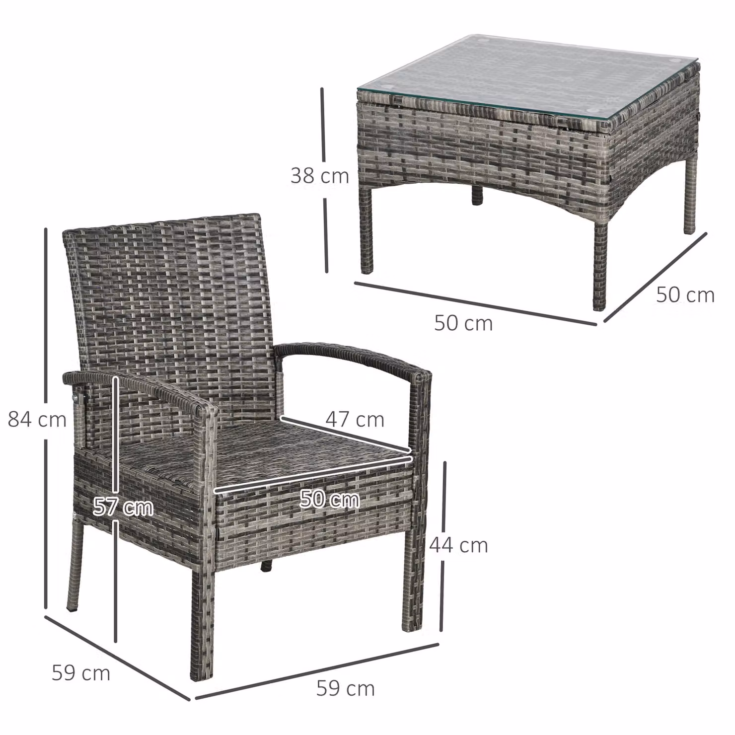 Outsunny 3 Piece Outdoor Rattan Bistro Set in Mixed Grey with Glass Coffee Table and Cushioned Chairs – 3