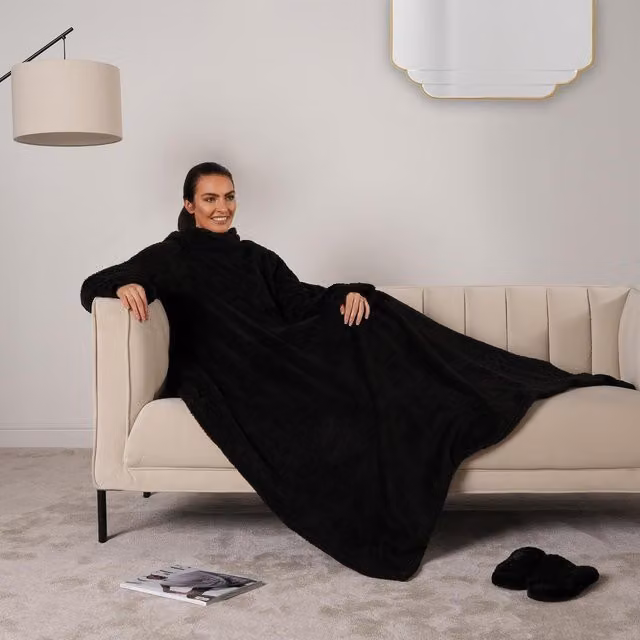 OHS Teddy Fleece Wearable Blanket Wrap Throw with Sleeves, Black